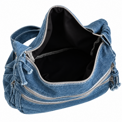 Sac Bandoulière Femme Jean Rétro, Compact avec Poches Zippées ouvert
