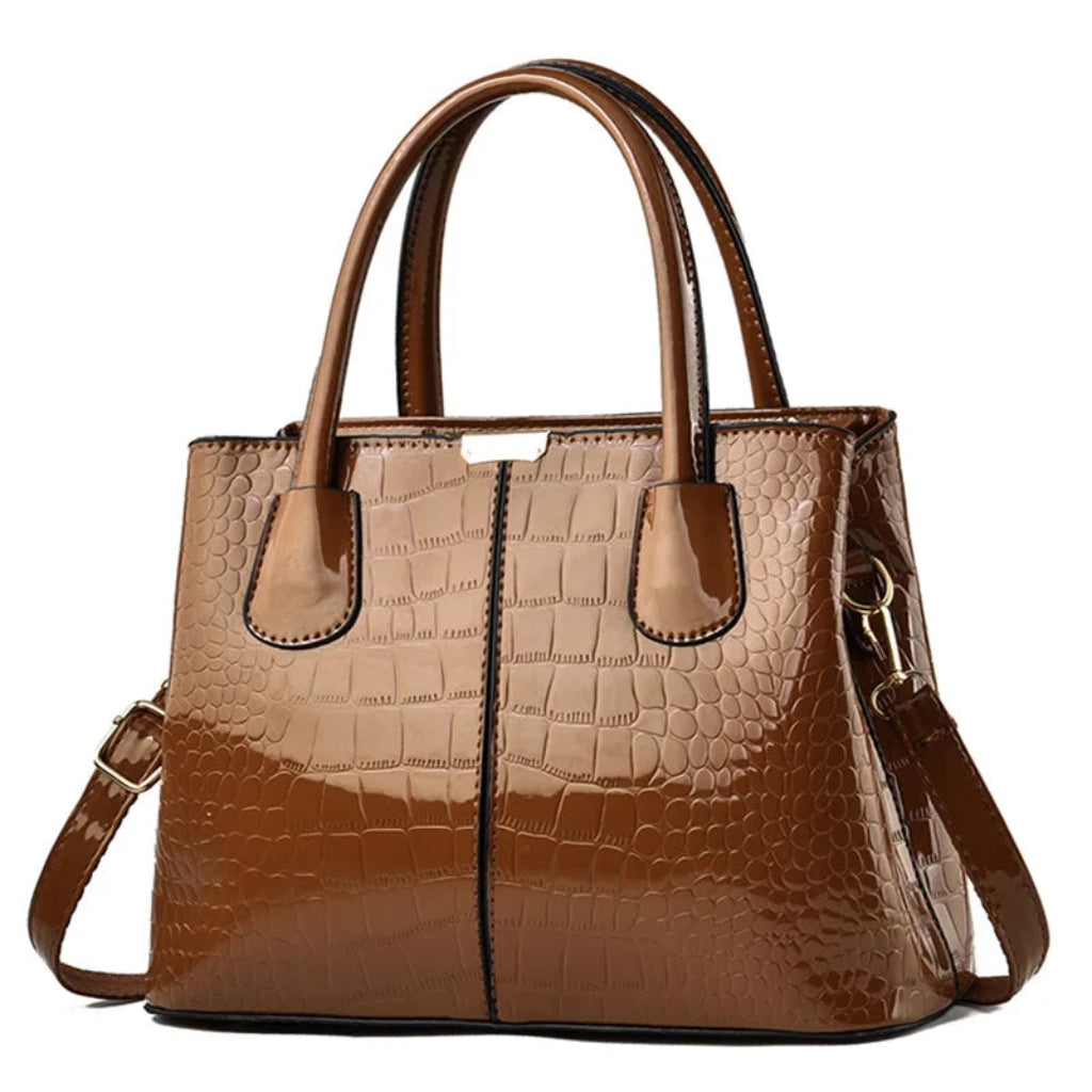 Sac à Bandoulière Femme Marron Clair - Cuir PU Verni Effet Croco - Grand Cabas Main & Épaule