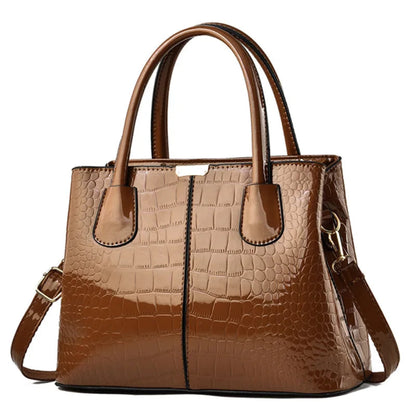 Sac à Bandoulière Femme Marron Clair - Cuir PU Verni Effet Croco - Grand Cabas Main & Épaule