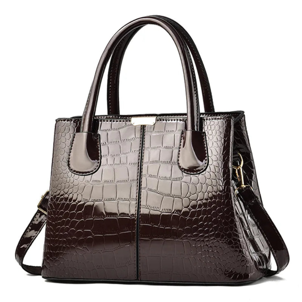 Sac à Bandoulière Femme Marron Foncé - Cuir PU Verni Effet Croco - Grand Cabas Main & Épaule