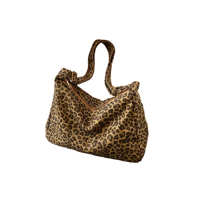 Sac à Bandoulière Femme Motif Léopard Léopard Beige – Besace Rétro en Textile Souple Grande Capacité