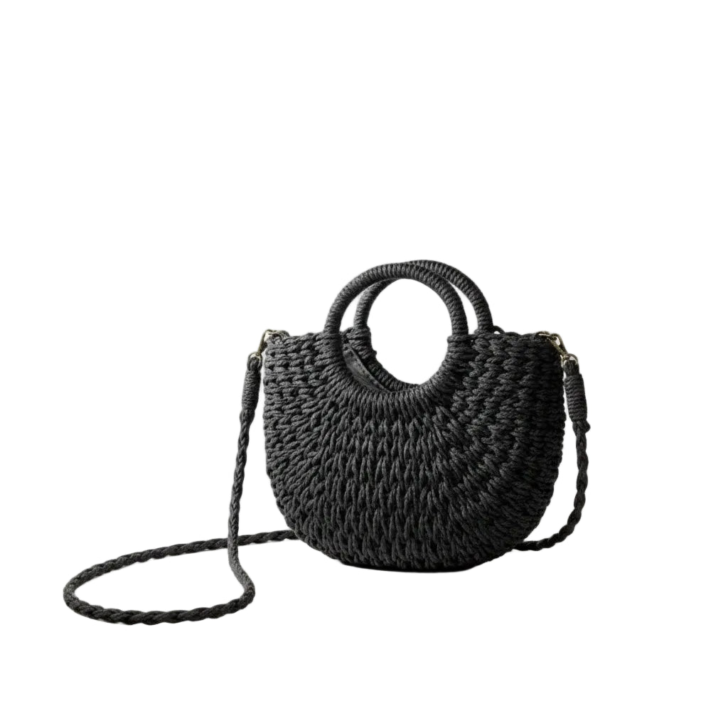 Sac à Bandoulière Femme Noir – Demi-Lune en Paille Tressée