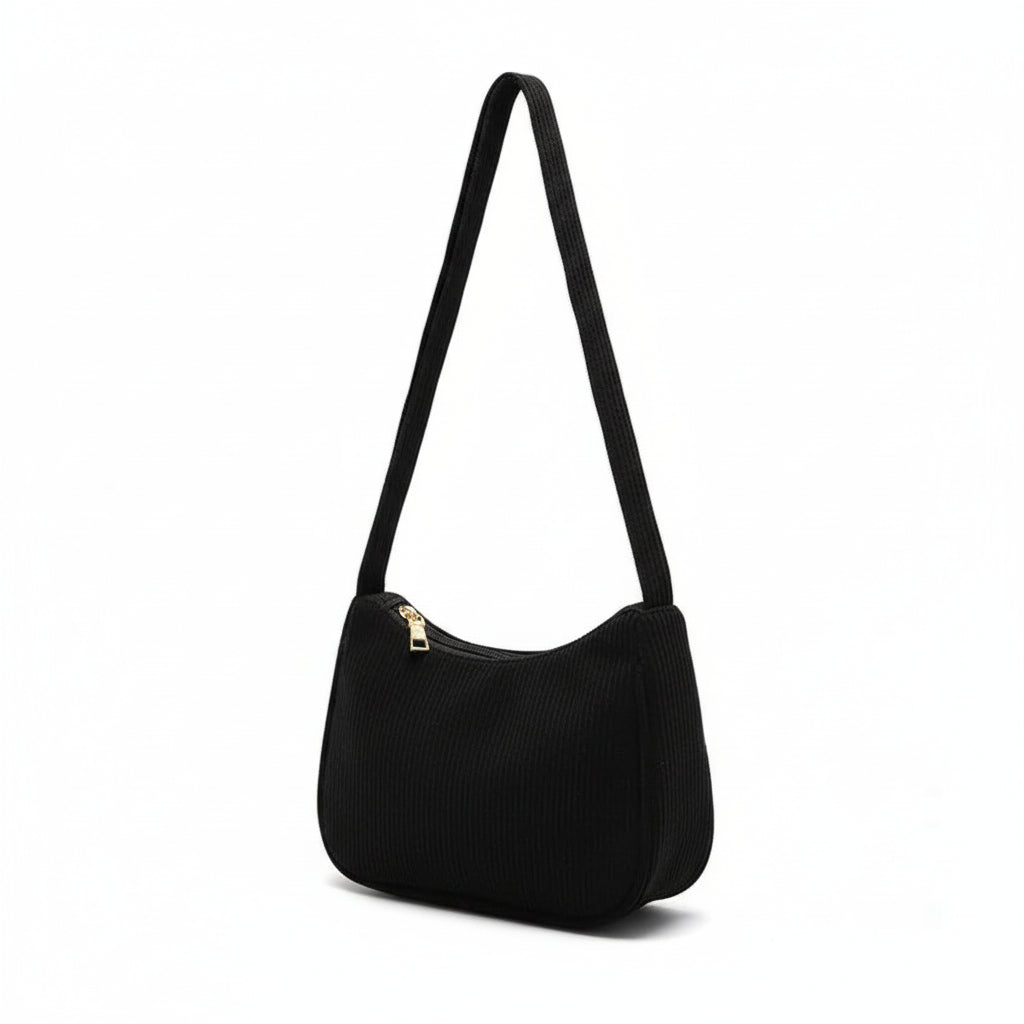 Sac à Bandoulière Femme Noir – Rétro Velours Côtelé Demi-Lune