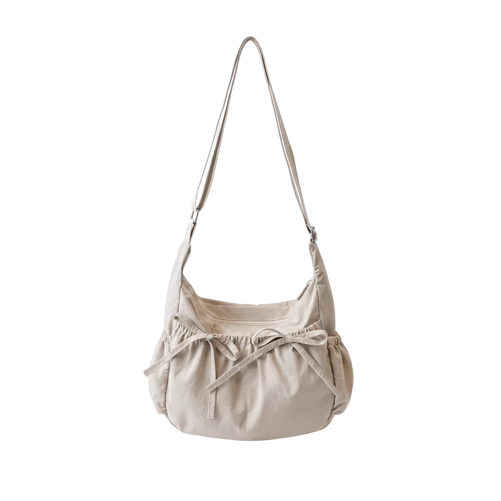 Sac à Bandoulière Femme Nylon Plissé Beige – Grande Capacité, Multiples Poches, Hobo Casual