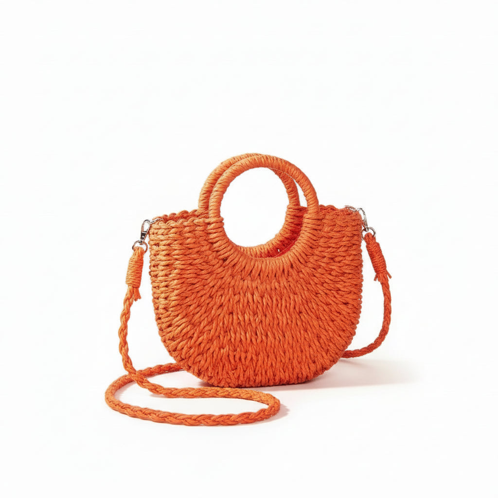 Sac à Bandoulière Femme Orange – Demi-Lune en Paille Tressée