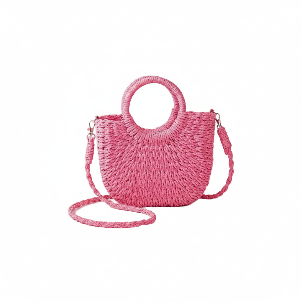 Sac à Bandoulière Femme Rose – Demi-Lune en Paille Tressée