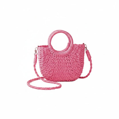 Sac à Bandoulière Femme Rose – Demi-Lune en Paille Tressée