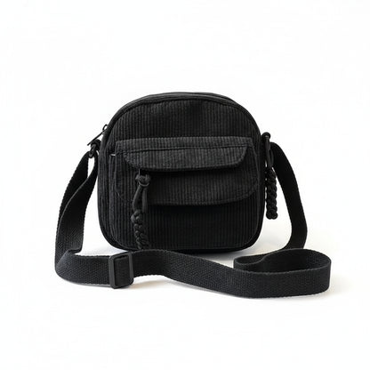 Sac à Bandoulière Femme Velours Côtelé Harajuku Noir – Multiples Poches, Style Casual
