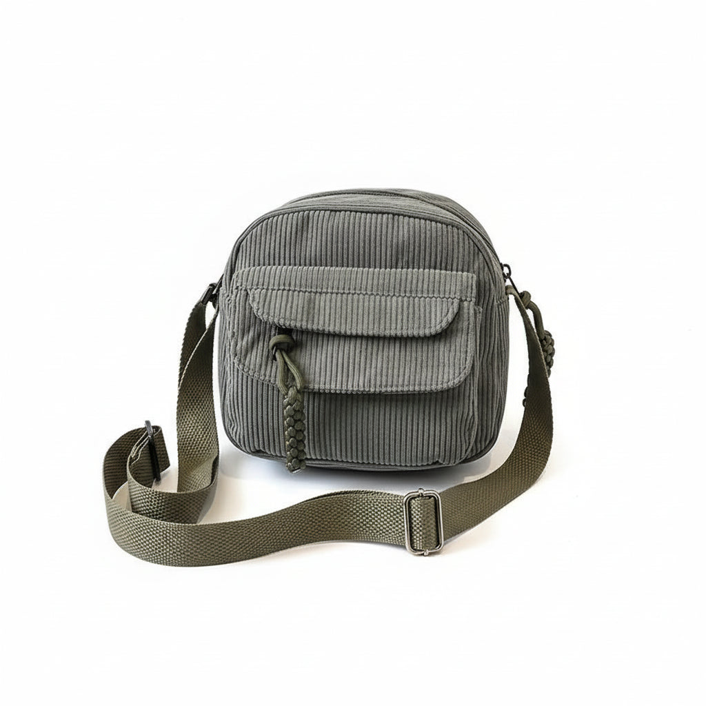 Sac à Bandoulière Femme Velours Côtelé Harajuku Vert Clair – Multiples Poches, Style Casual