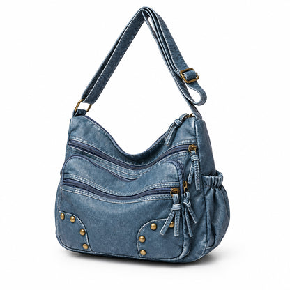 Sac à Bandoulière Femme Vintage PU Délavé Bleu Denim