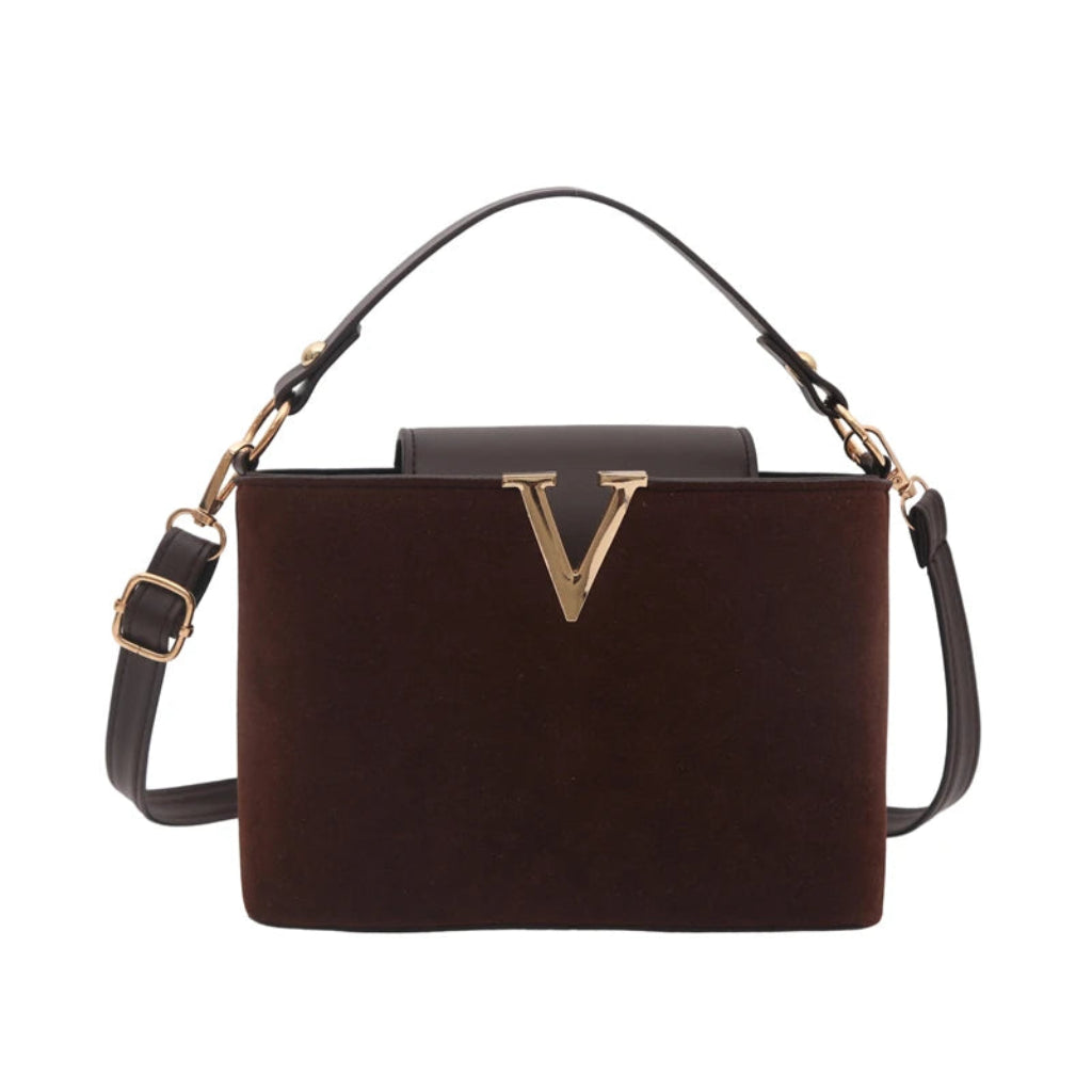 Sac à Bandoulière Femme Vintage en Suédine Marron Foncé  – Boucle Décorative Dorée et Bandoulière Ajustable