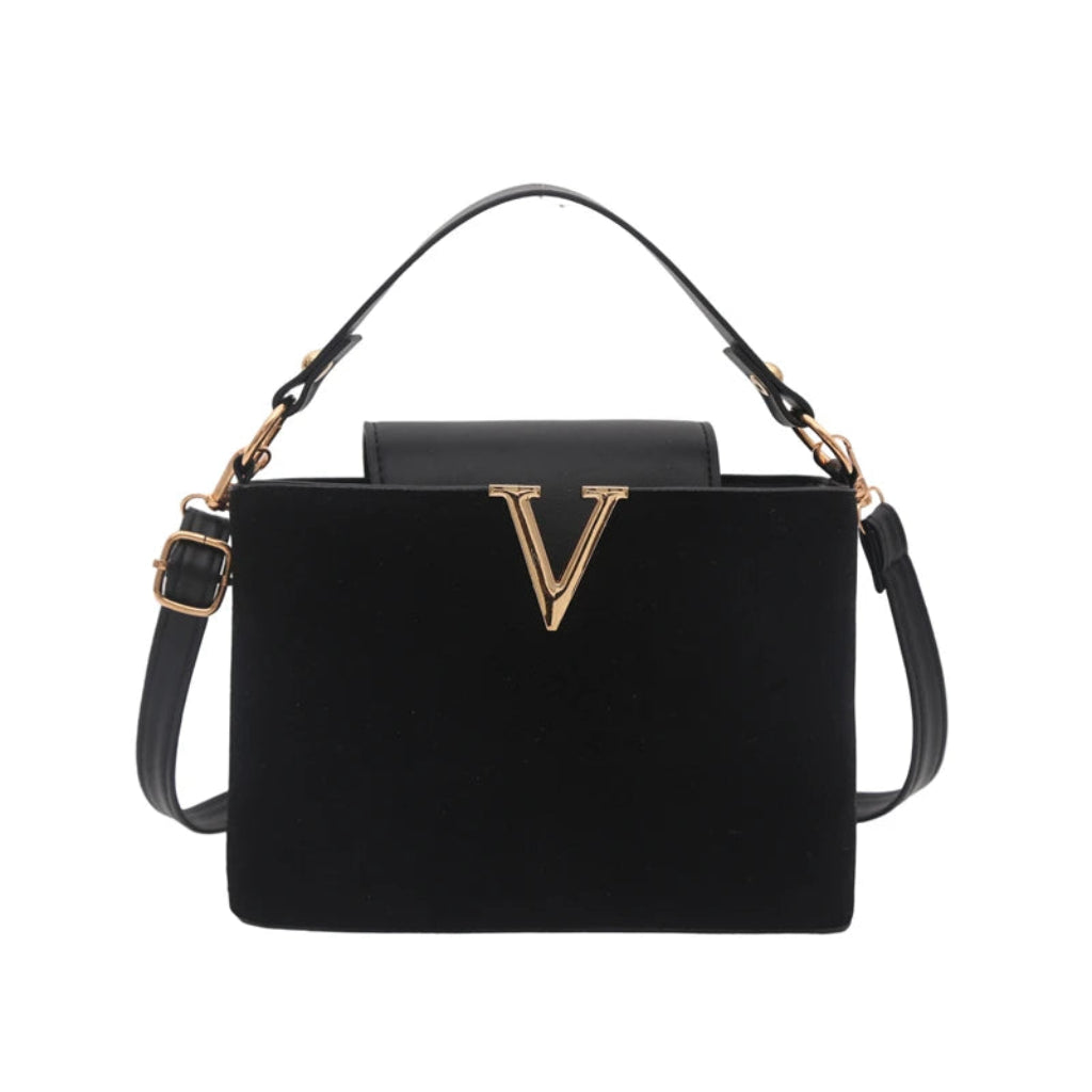Sac à Bandoulière Femme Vintage en Suédine Noir – Boucle Décorative Dorée et Bandoulière Ajustable