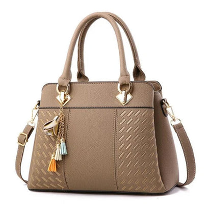 Sac à Bandoulière Femme en Cuir PU Beige Foncé – Broderie Texturée & Pompons, Multi-poches