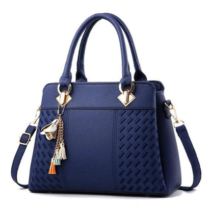 Sac à Bandoulière Femme en Cuir PU Bleu Foncé – Broderie Texturée & Pompons, Multi-poches