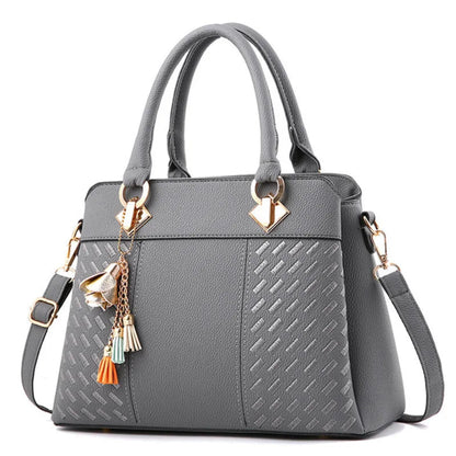 Sac à Bandoulière Femme en Cuir PU Gris – Broderie Texturée & Pompons, Multi-poches