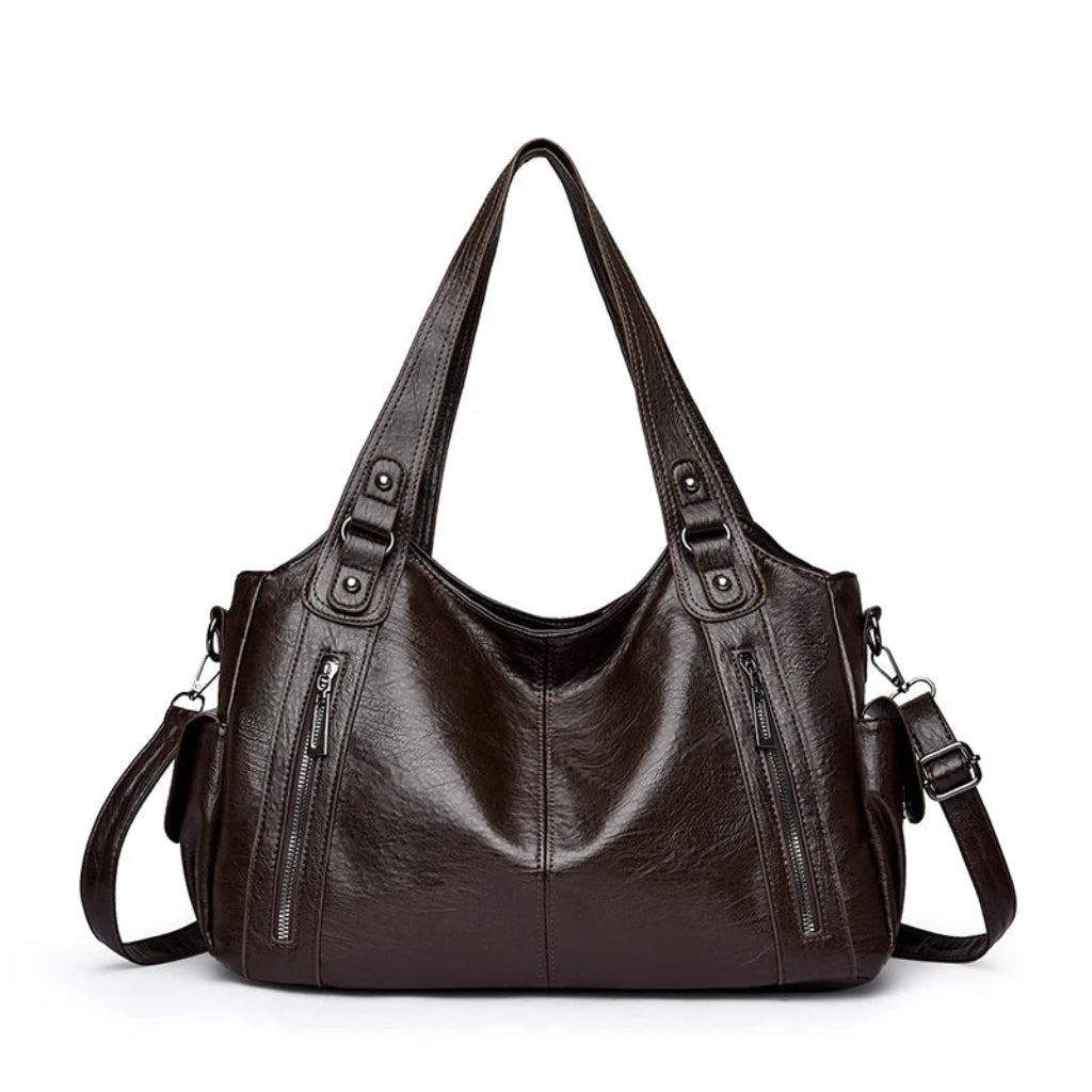 Sac à Bandoulière Femme en Cuir PU Marron Foncé – Double Fermeture Zippée, Élégant et Fonctionnel