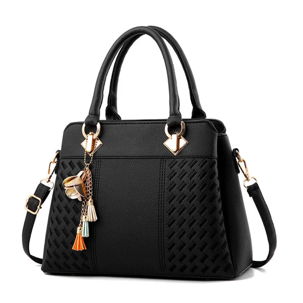 Sac à Bandoulière Femme en Cuir PU Noir – Broderie Texturée & Pompons, Multi-poches