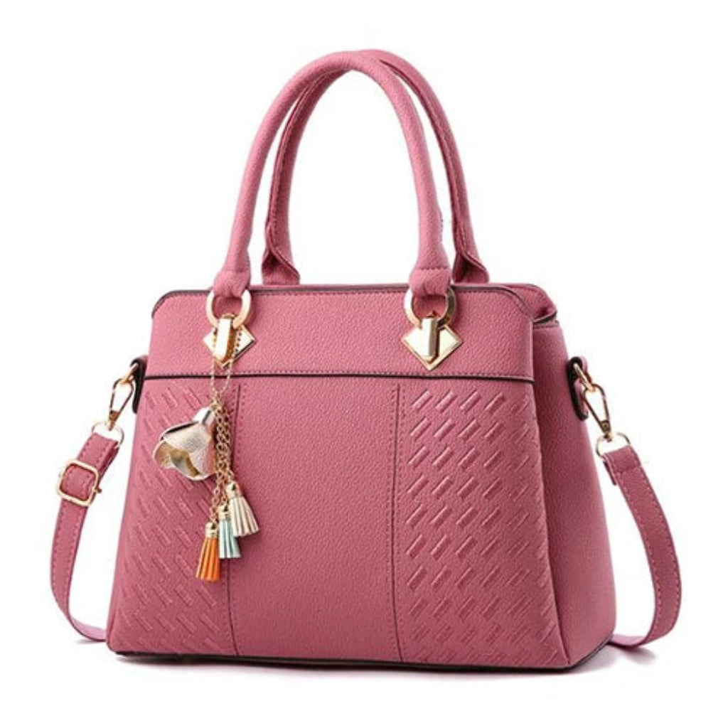 Sac à Bandoulière Femme en Cuir PU Rose  – Broderie Texturée & Pompons, Multi-poches
