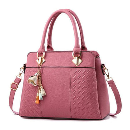 Sac à Bandoulière Femme en Cuir PU Rose  – Broderie Texturée & Pompons, Multi-poches