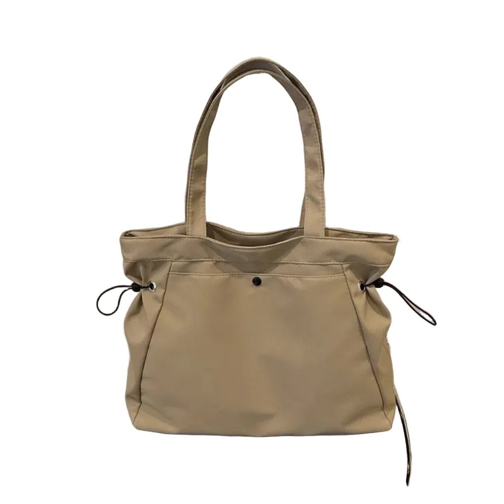Sac à Bandoulière Femme en Nylon Beige  – Grande Capacité, Cordons de Serrage