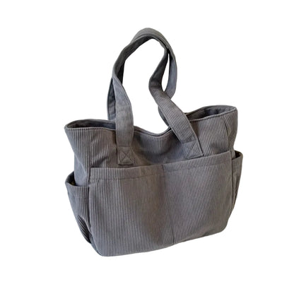 Sac à Bandoulière Femme en Velours Côtelé Rayé Gris  – Poches Latérales, Fermeture Zippée