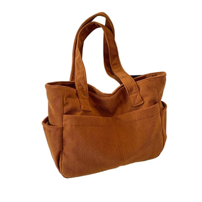 Sac à Bandoulière Femme en Velours Côtelé Rayé Marron – Poches Latérales, Fermeture Zippée