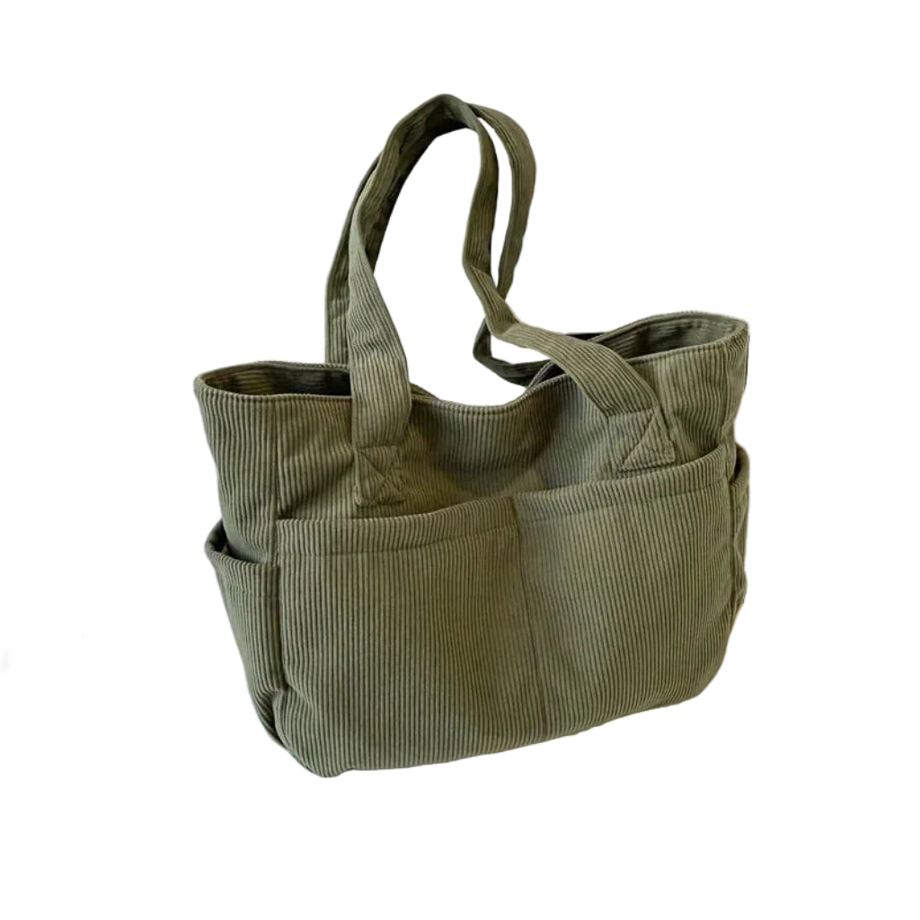 Sac à Bandoulière Femme en Velours Côtelé Rayé Vert Armée – Poches Latérales, Fermeture Zippée