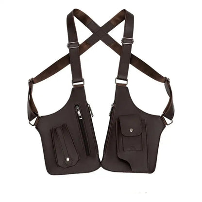 Sac à Bandoulière Homme Tactique Marron Foncé – Sacoche Poitrine Double Poche Anti-Vol, Multifonction et Imperméable en Cuir PU