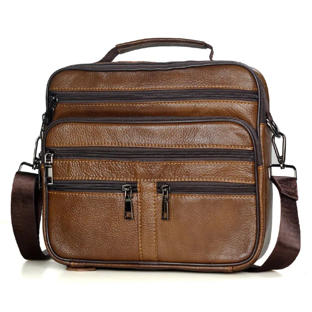 Sac Bandoulière Homme en Cuir Véritable, Multi-Poches Zippées & Poignée Marron Clair