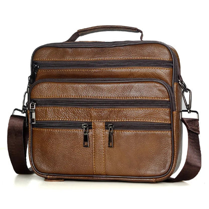 Sac Bandoulière Homme en Cuir Véritable, Multi-Poches Zippées & Poignée Marron Clair