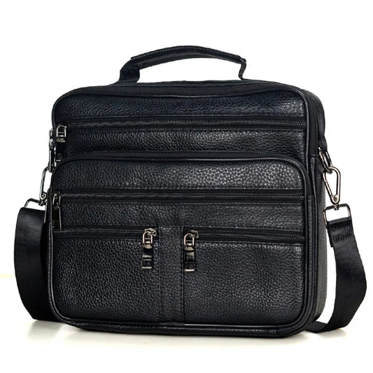 Sac Bandoulière Homme en Cuir Véritable, Multi-Poches Zippées & Poignée Noir