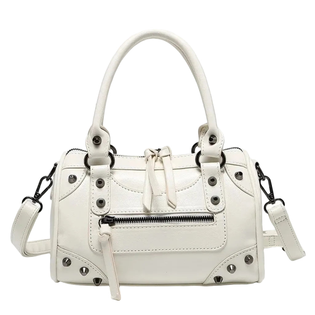 Sac à Main Femme Bowling Rivets en Cuir PU – Style Boston Rétro Blanc