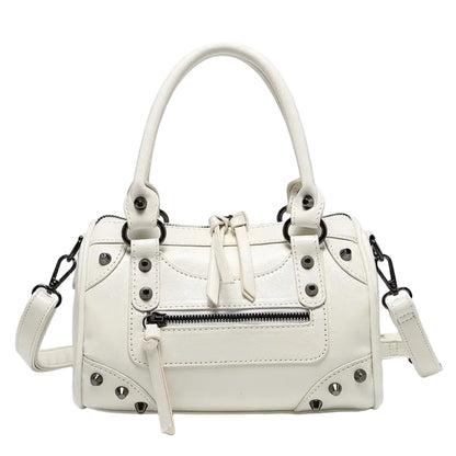 Sac à Main Femme Bowling Rivets en Cuir PU – Style Boston Rétro Blanc