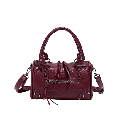 Sac à Main Femme Bowling Rivets en Cuir PU – Style Boston Rétro Bordeaux