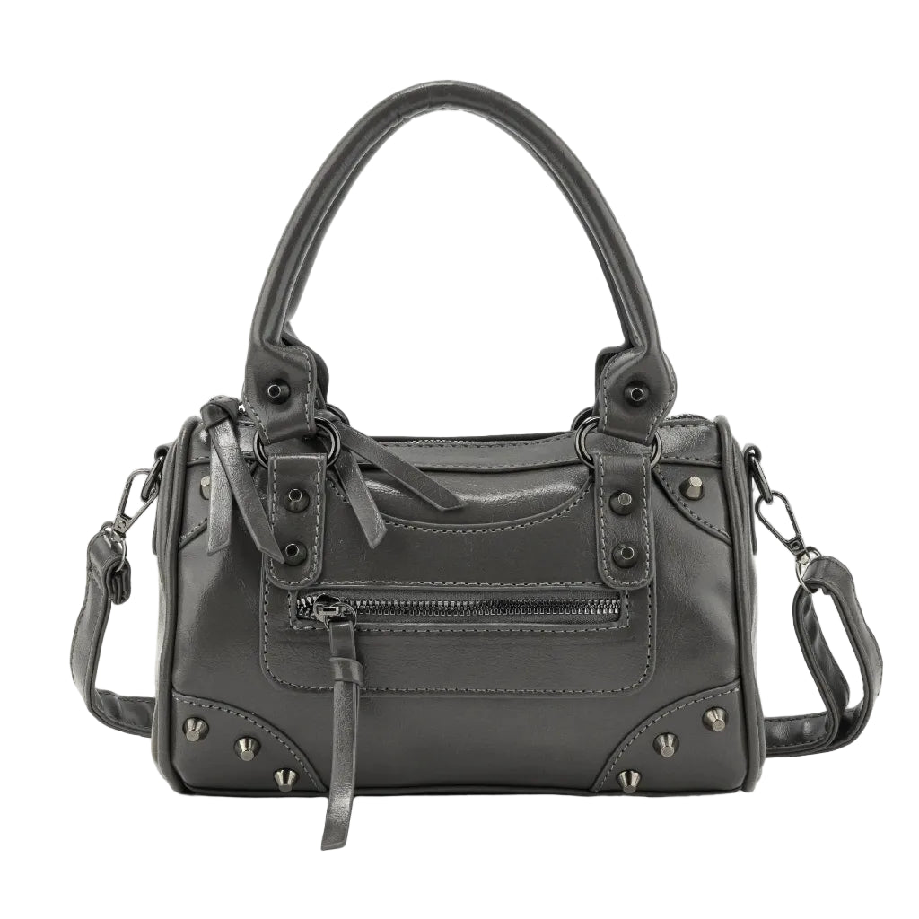 Sac à Main Femme Bowling Rivets en Cuir PU – Style Boston Rétro Gris