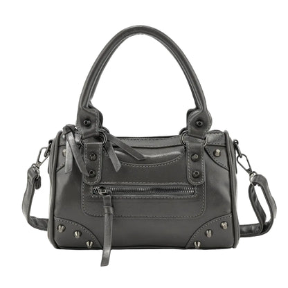 Sac à Main Femme Bowling Rivets en Cuir PU – Style Boston Rétro Gris