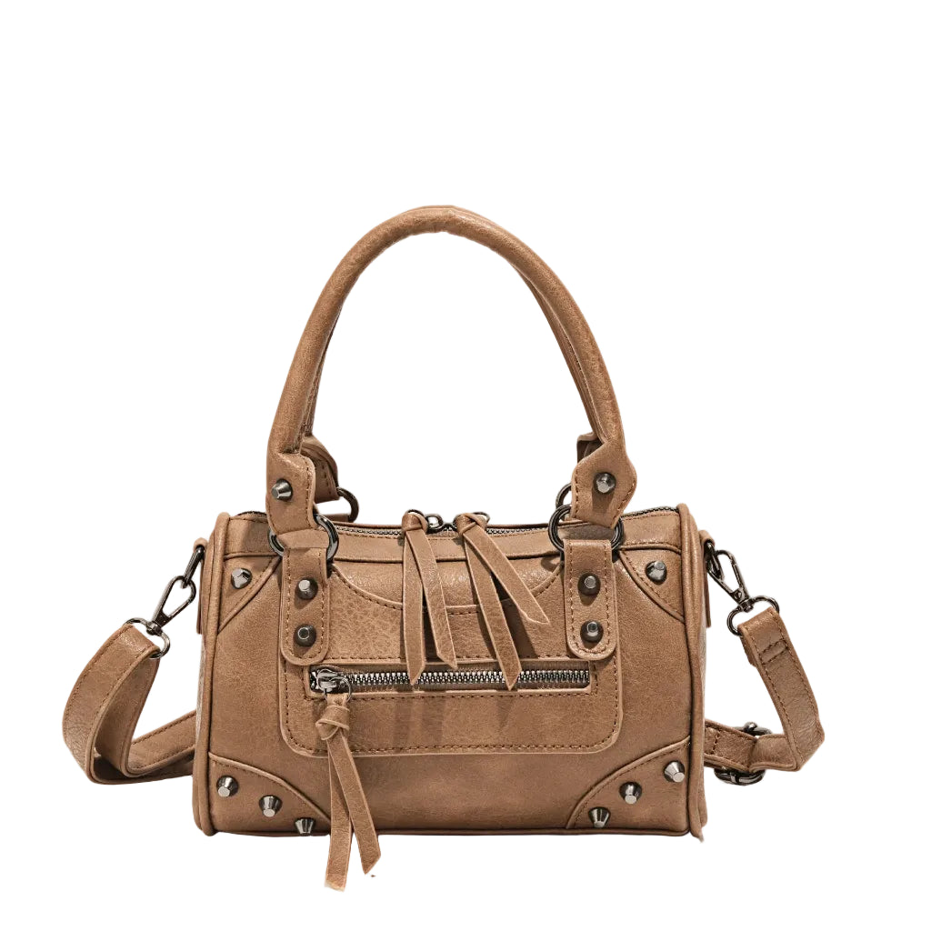 Sac à Main Femme Bowling Rivets en Cuir PU – Style Boston Rétro Marron Clair