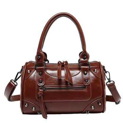 Sac à Main Femme Bowling Rivets en Cuir PU – Style Boston Rétro Marron Foncé