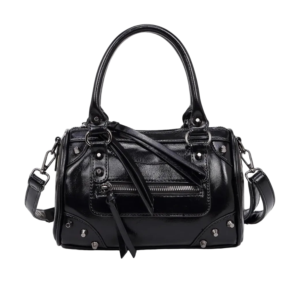 Sac à Main Femme Bowling Rivets en Cuir PU – Style Boston Rétro Noir