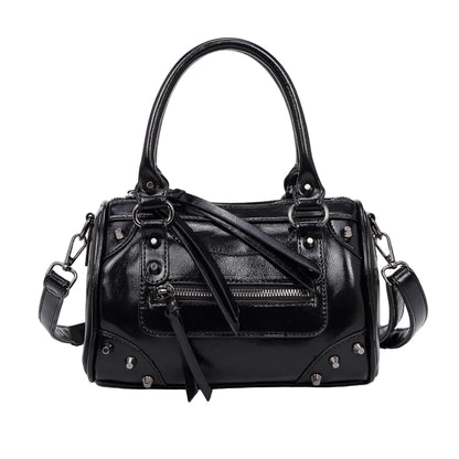 Sac à Main Femme Bowling Rivets en Cuir PU – Style Boston Rétro Noir