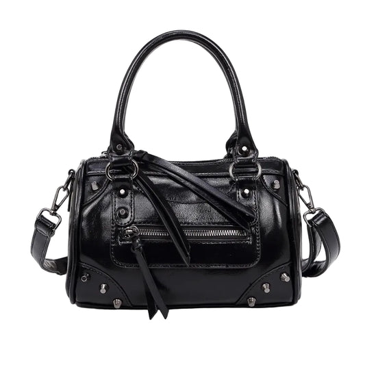 Sac à Main Femme Bowling Rivets en Cuir PU – Style Boston Rétro Noir