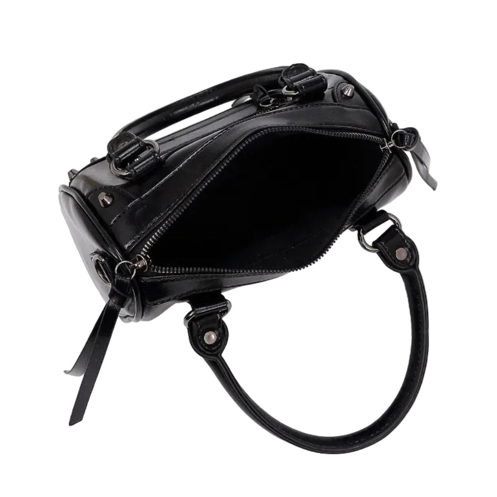 Sac à Main Femme Bowling Rivets en Cuir PU – Style Boston Rétro Noir ouvert