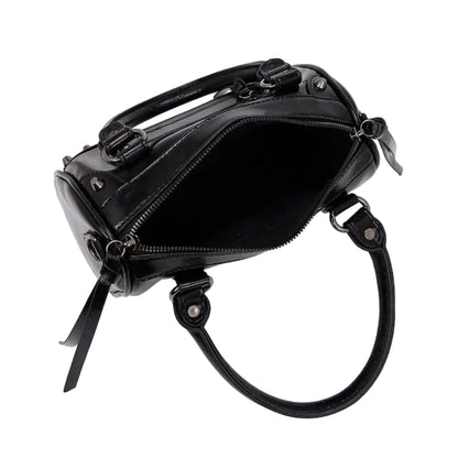 Sac à Main Femme Bowling Rivets en Cuir PU – Style Boston Rétro Noir ouvert