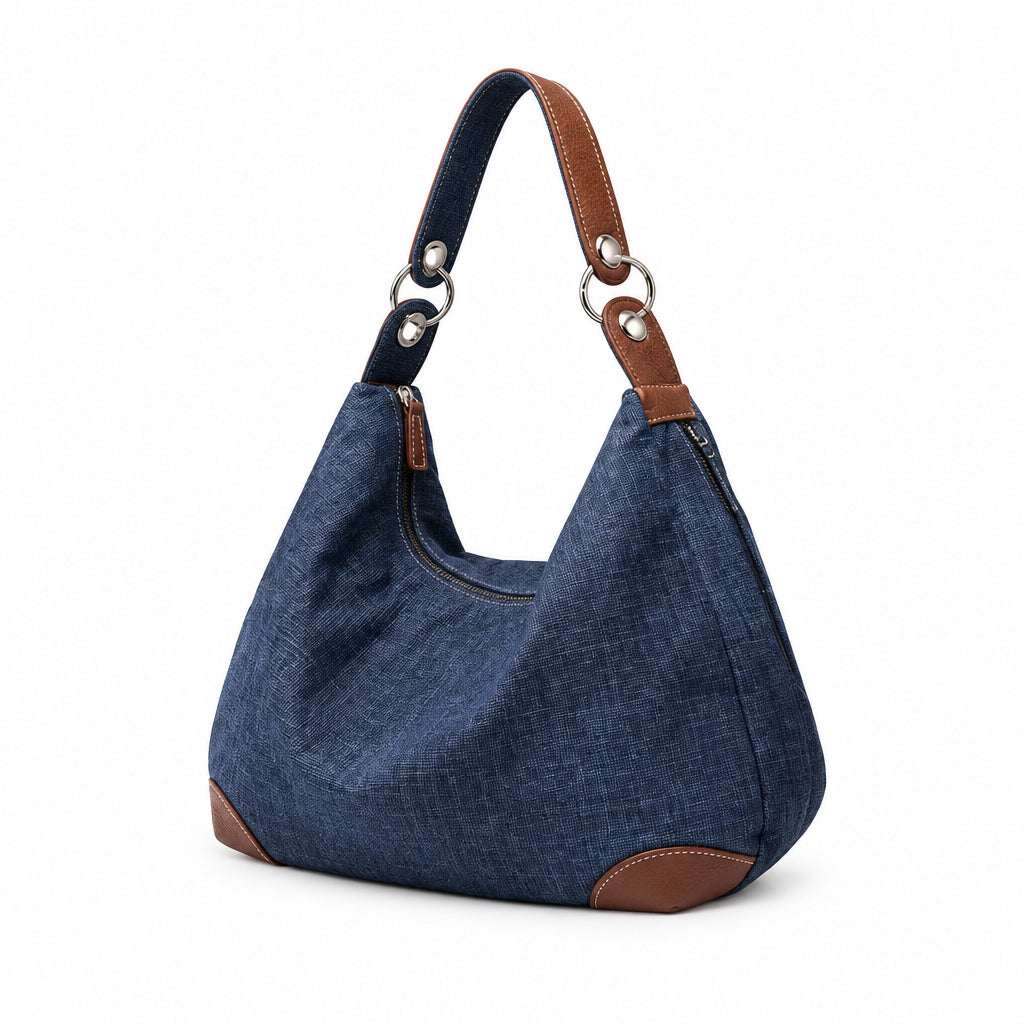 Sac à Main Femme Denim Bleu, Forme Hobo & Finitions Cognac Bleu Marine grand