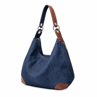 Sac à Main Femme Denim Bleu, Forme Hobo & Finitions Cognac Bleu Marine petit
