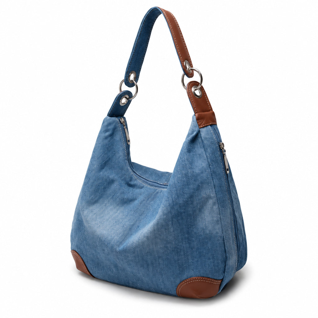 Sac à Main Femme Denim Bleu, Forme Hobo & Finitions Cognac Bleu denim grand
