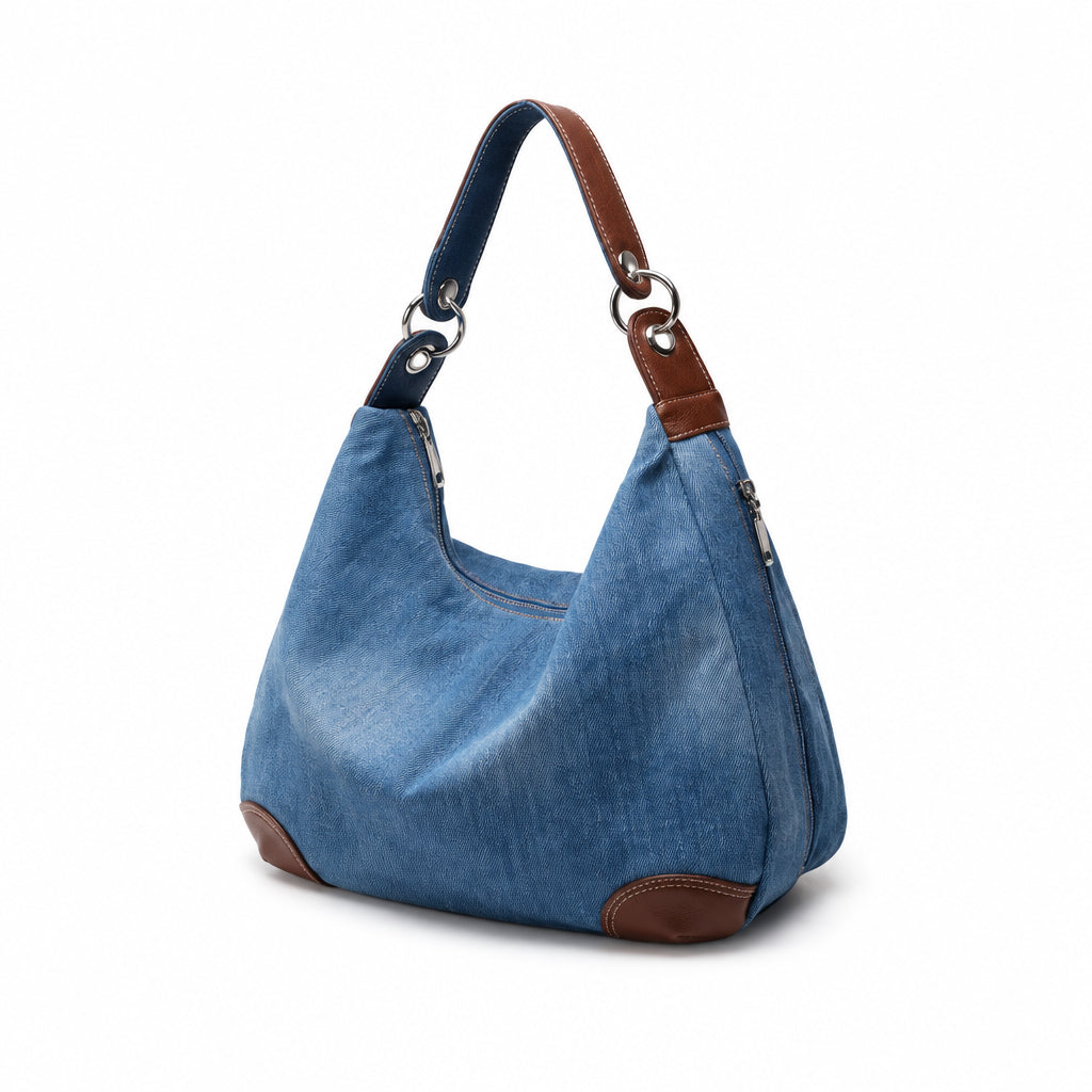Sac à Main Femme Denim Bleu, Forme Hobo & Finitions Cognac Petit Bleu Denim
