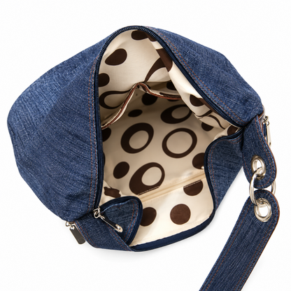 Sac à Main Femme Denim Bleu, Forme Hobo & Finitions Cognac ouvert