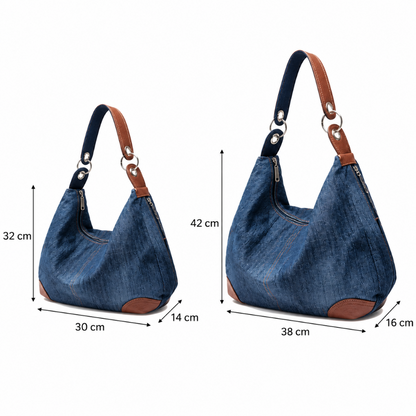 Sac à Main Femme Denim Bleu, Forme Hobo & Finitions Cognac tailles