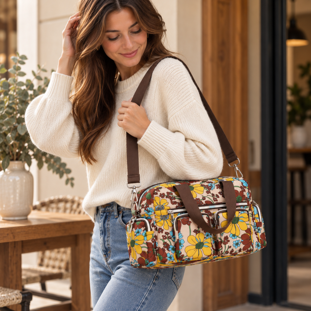 Sac à Main Femme Fleuri en Oxford, Multi-Poches & Bandoulière 1